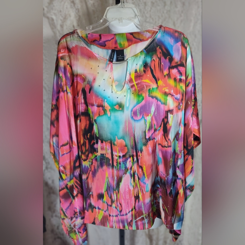 New Directions Multicolor Abstract Silky Pop On  Blouse NWOT